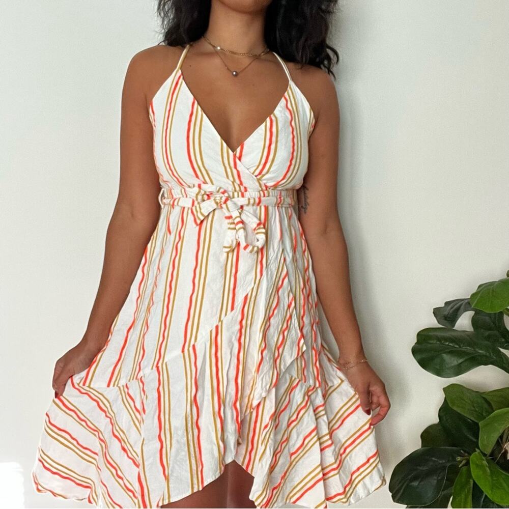 Kendall + Kylie Summer Dress Sz 0/2 Ivory Orange Gold Stripe Ruffle Hem Strappy